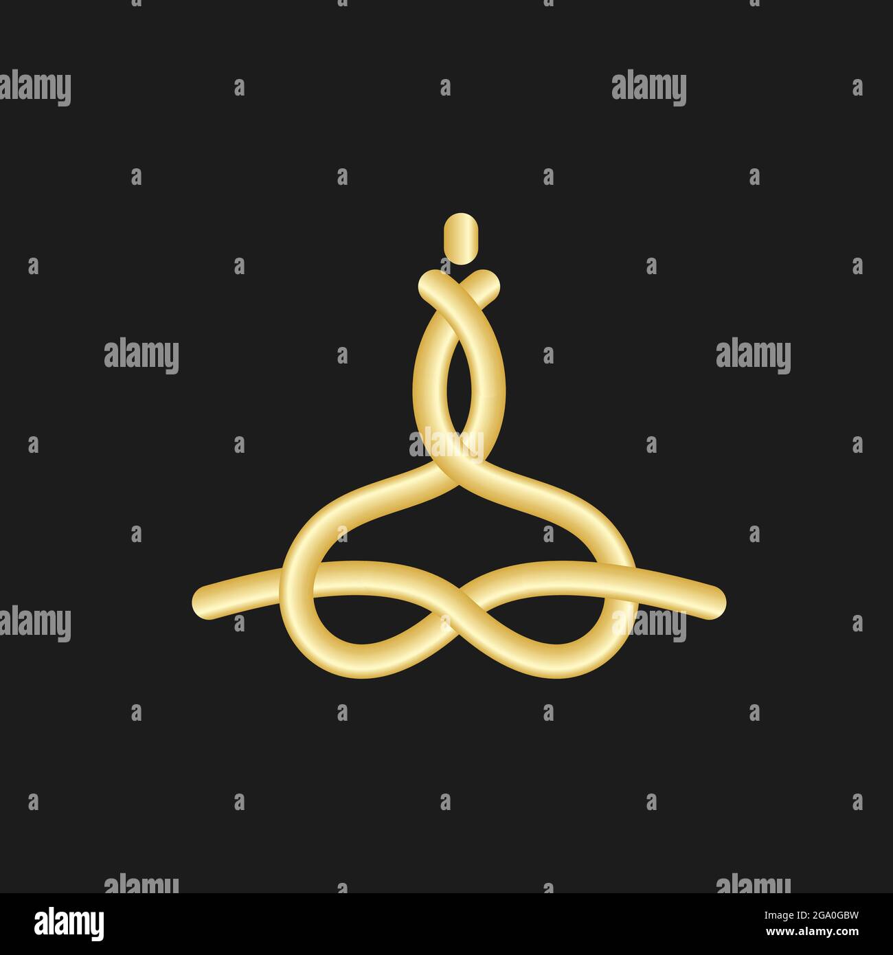 Logotipo yoga dorato isolato su nero. Icona di stile di posa Lotus. Illustrazione grafica piatta Foto Stock