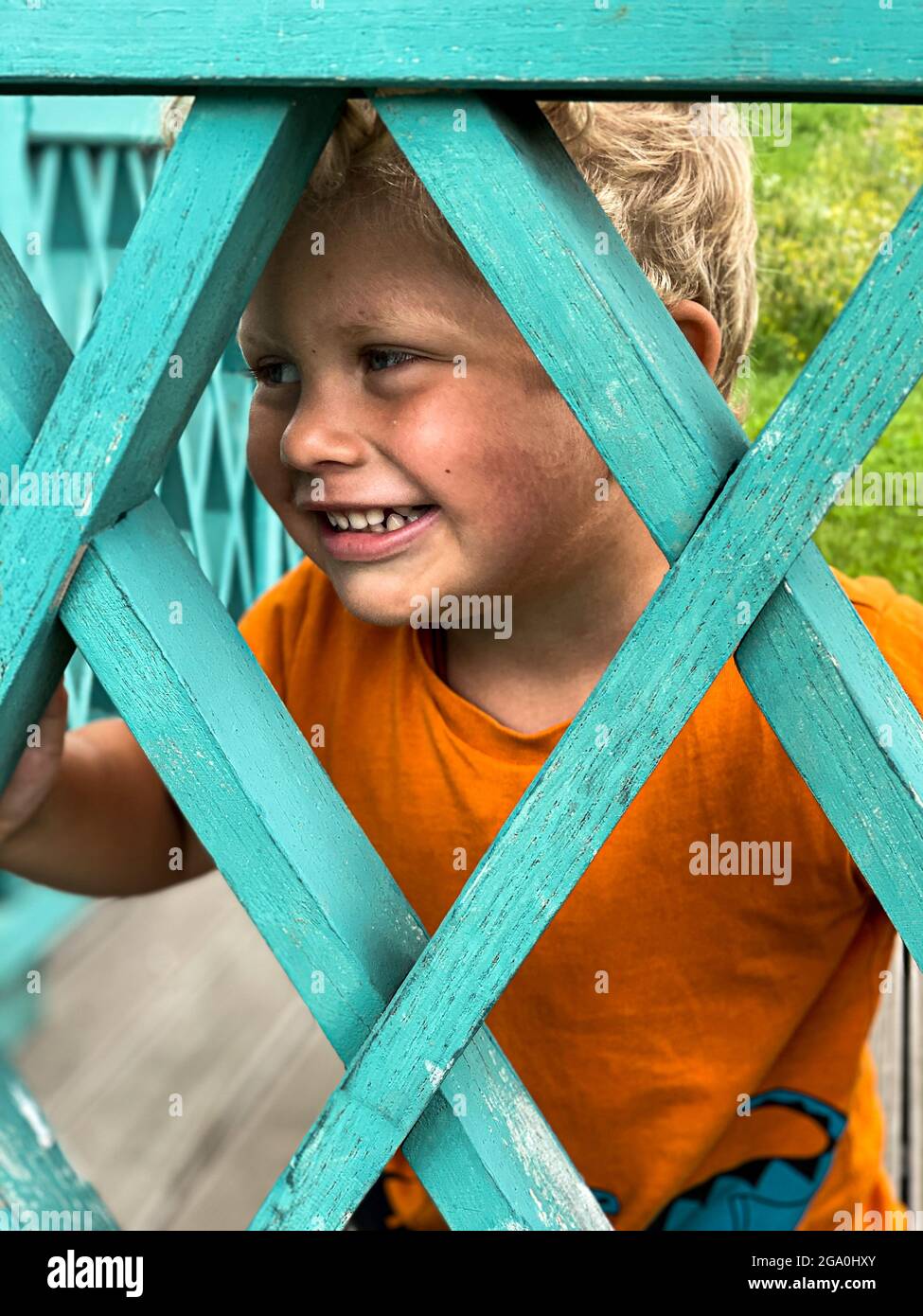 ragazzo 2 anni guarda attraverso un buco in una recinzione verde Foto Stock
