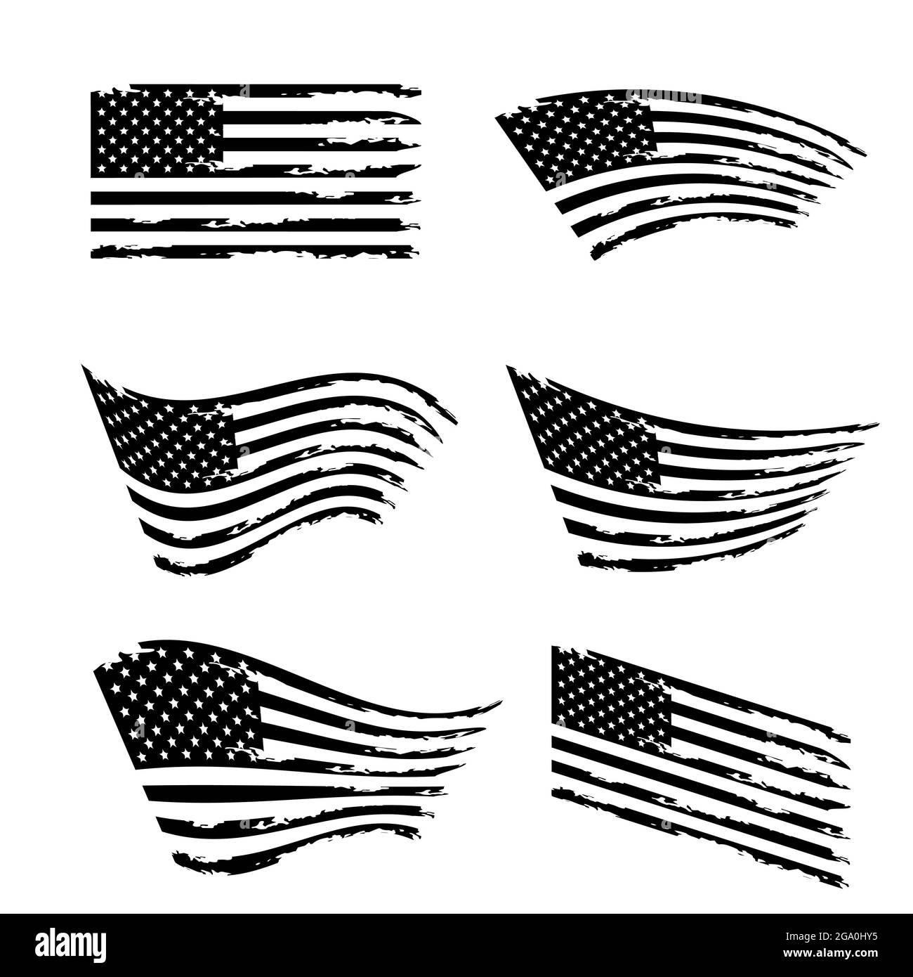Set di bandiere americane ondulate. Bandiera degli Stati Uniti d'America grunge in bianco e nero. Isolato su sfondo bianco. Illustrazione vettoriale. Illustrazione Vettoriale