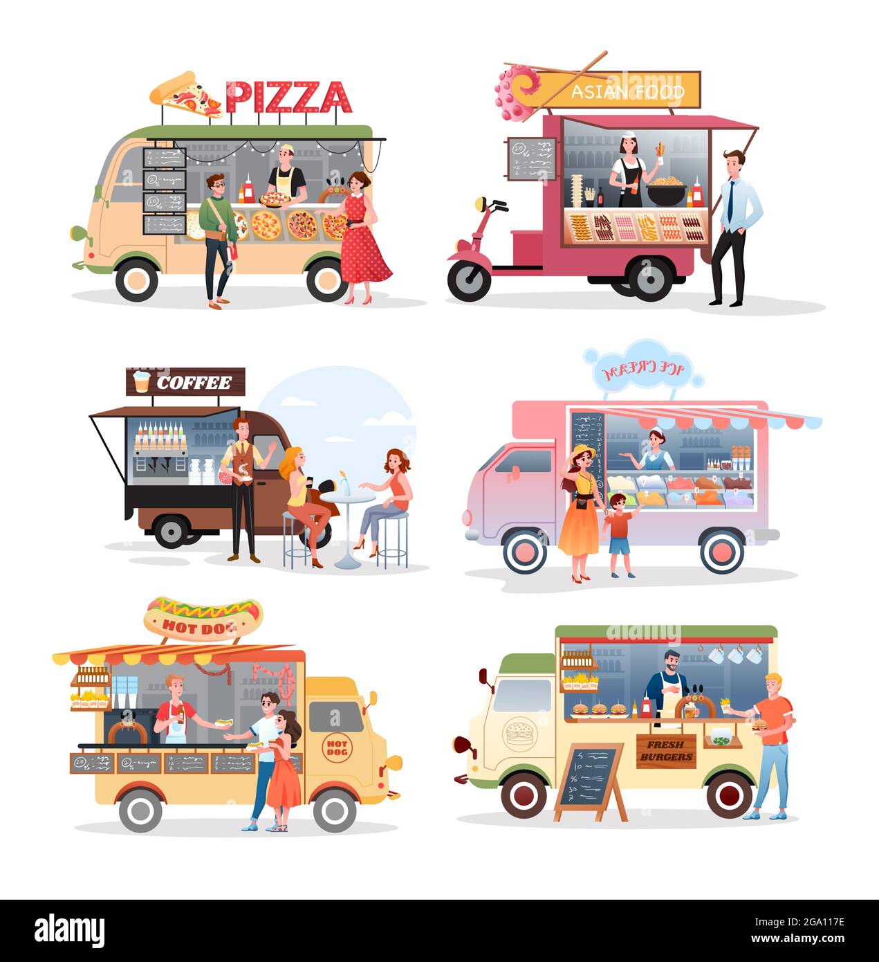 Set di illustrazioni vettoriali per veicoli alimentari per il mercato stradale. Cartoon van Stall mercato mini cafe che vende pizza cibo asiatico hamburger gelato hot dog fastfood Illustrazione Vettoriale