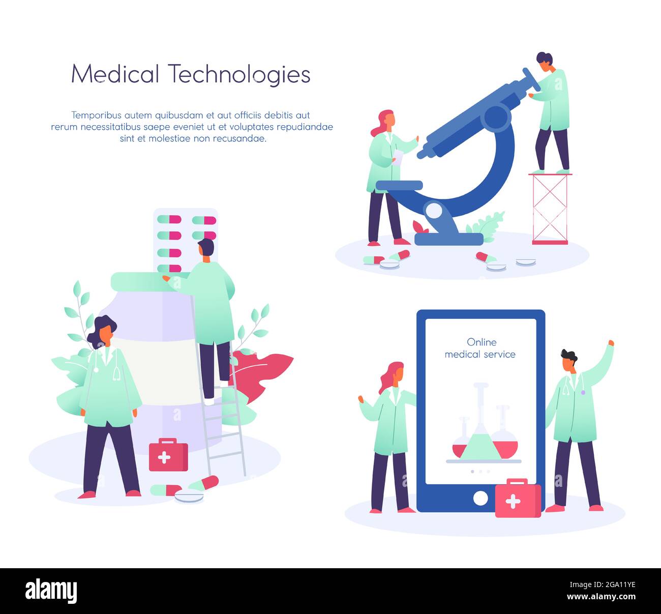 Illustrazione vettoriale del concetto di servizio di medicina on-line, comunicazione dei medici, consultazione medica on-line, covid 19, vaccino. Salute e medicina Illustrazione Vettoriale