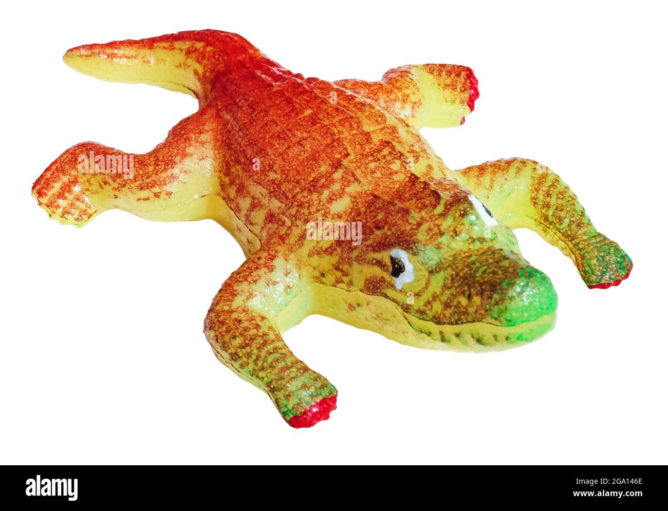 Coccodrillo o alligatore giocattolo in plastica morbida isolato su sfondo bianco, con percorso di ritaglio Foto Stock