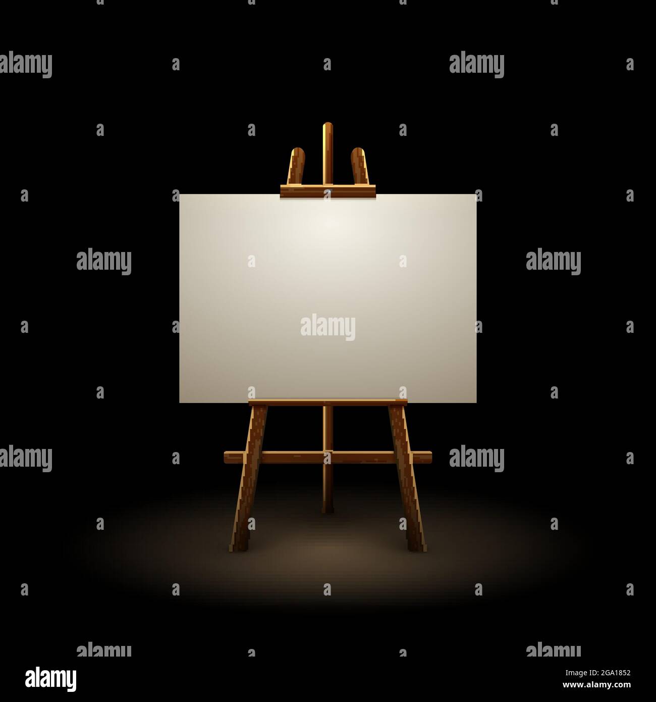 Supporto isolato in tela con cavalletto in legno al buio. Cartelloni vuoti per poster vettoriali Illustrazione Vettoriale