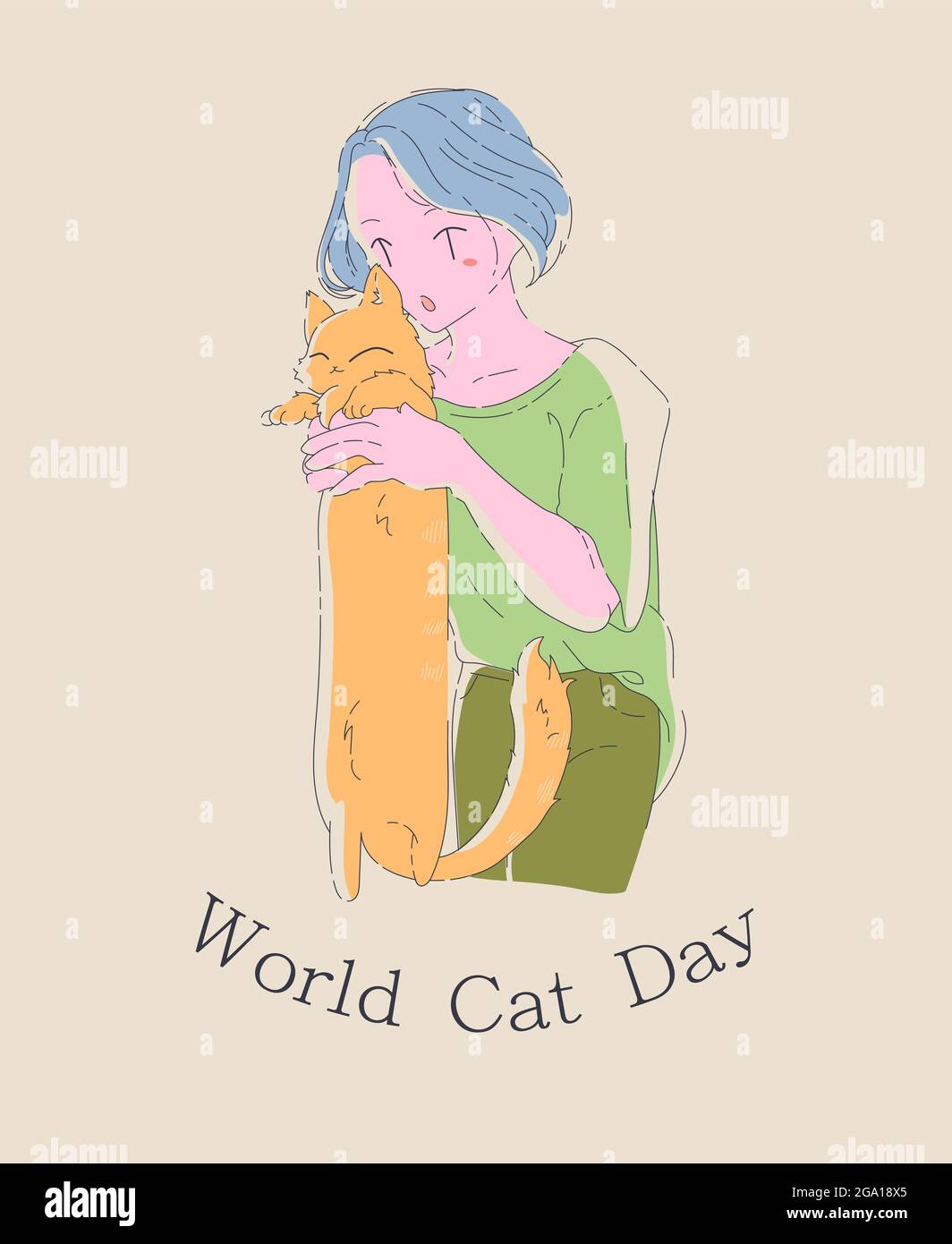 Giornata mondiale dei gatti. Divertente disegno a mano di una ragazza che tiene il suo gatto. Illustrazione di schede, poster, striscioni, etichette. Abbracci il tuo gatto. Illustrazione Vettoriale
