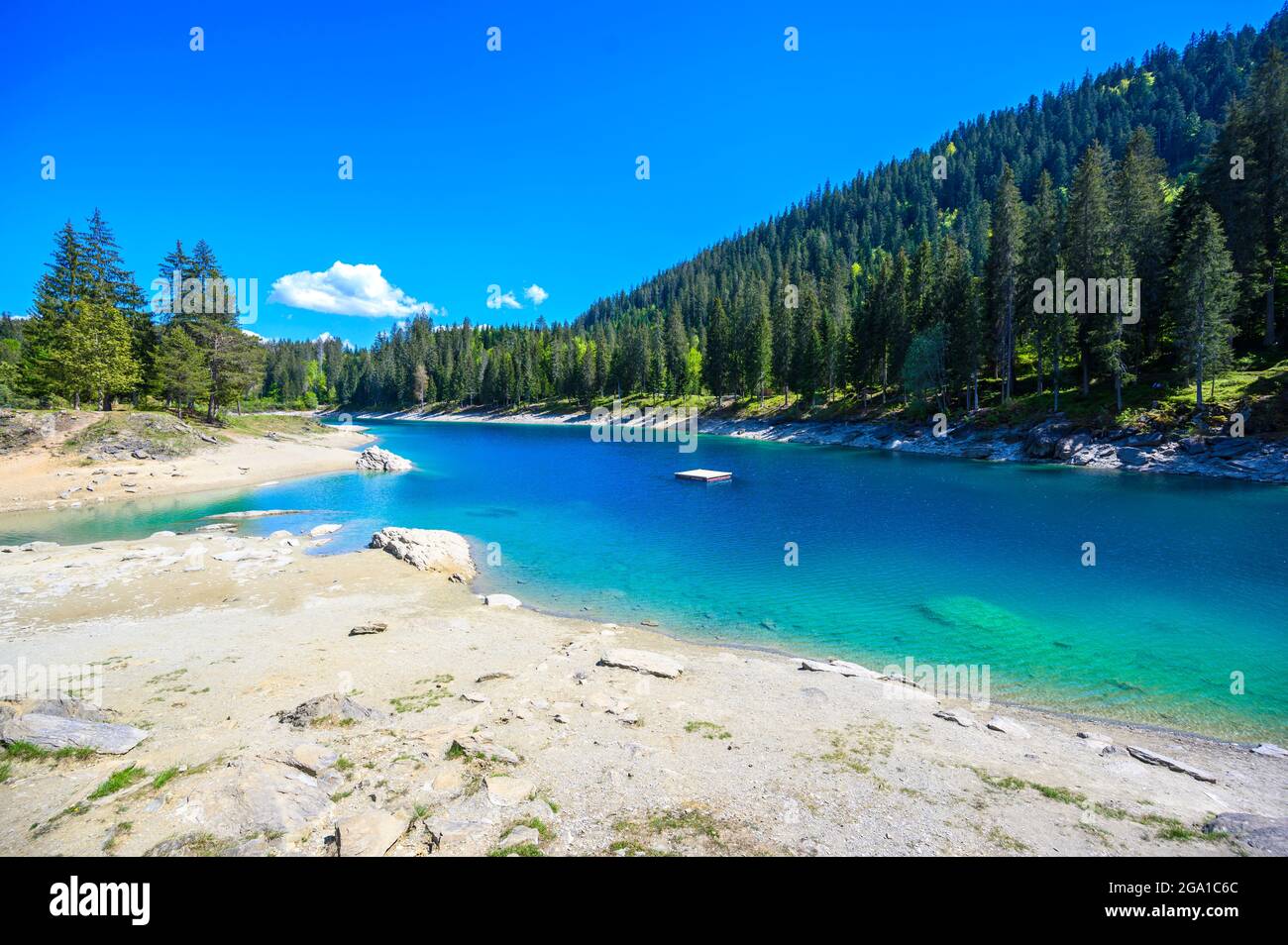 Piccola isola nel mezzo del Lago Cauma (Caumasee) con acque cristalline in uno splendido paesaggio montano a Flims, Graubuenden - Svizzeran Foto Stock