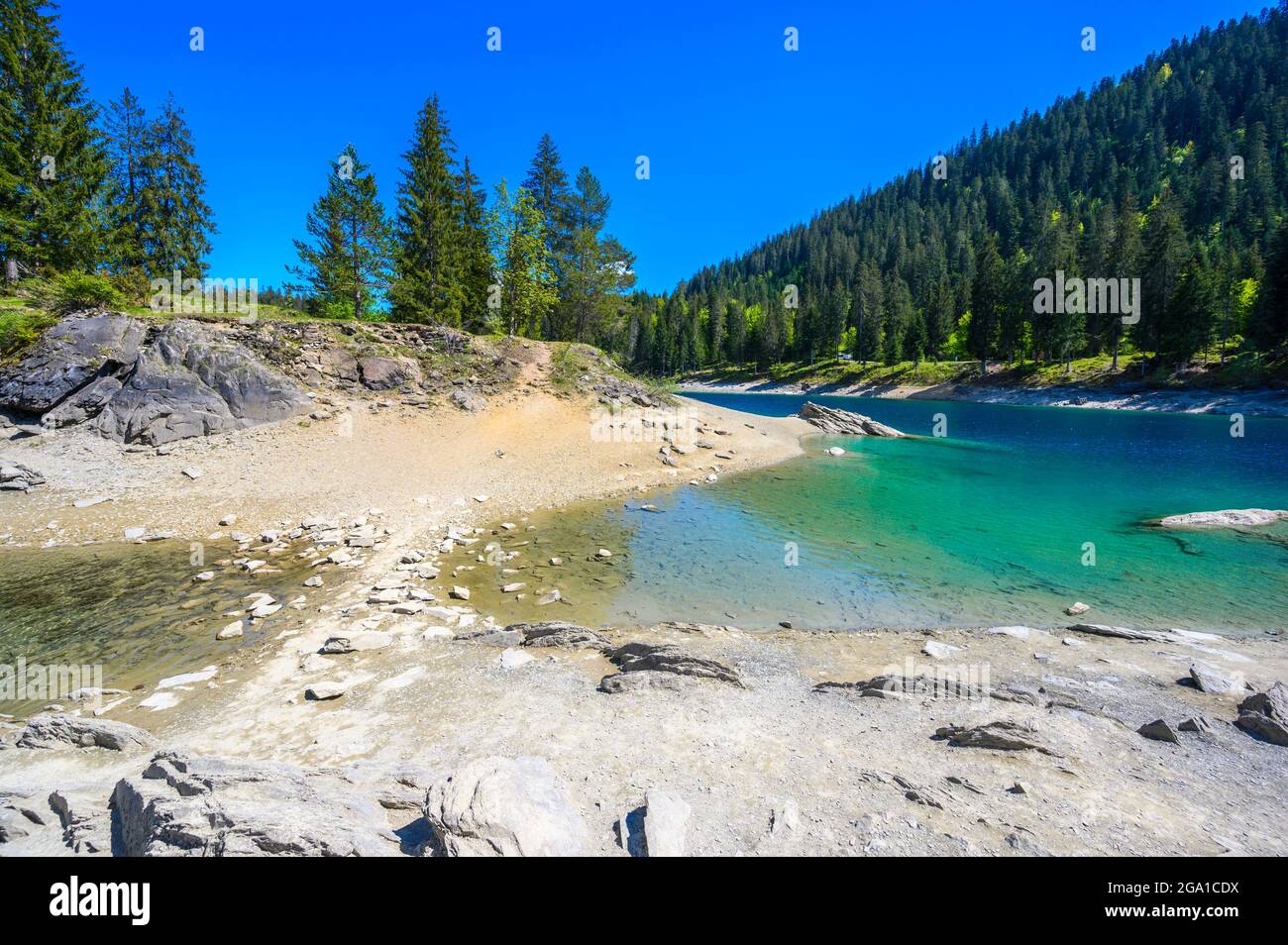 Piccola isola nel mezzo del Lago Cauma (Caumasee) con acque cristalline in uno splendido paesaggio montano a Flims, Graubuenden - Svizzeran Foto Stock