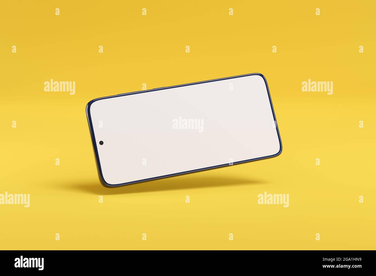 Telefono cellulare con schermo vuoto isolato su sfondo giallo. illustrazione 3d. Foto Stock