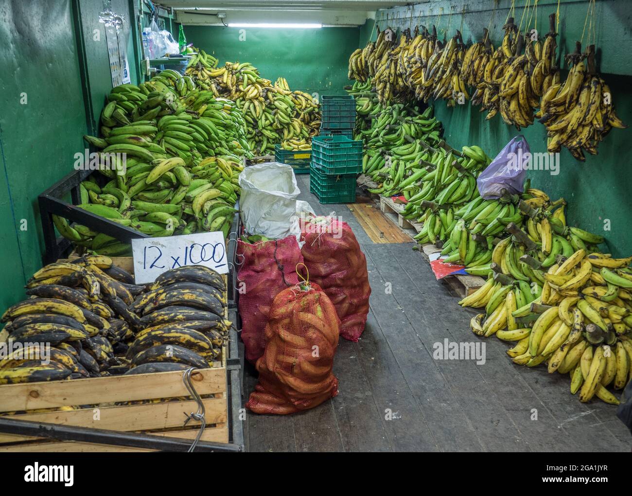 Grappoli di pianori in un deposito ad un mercato in San Jose, Costa Rica. Foto Stock