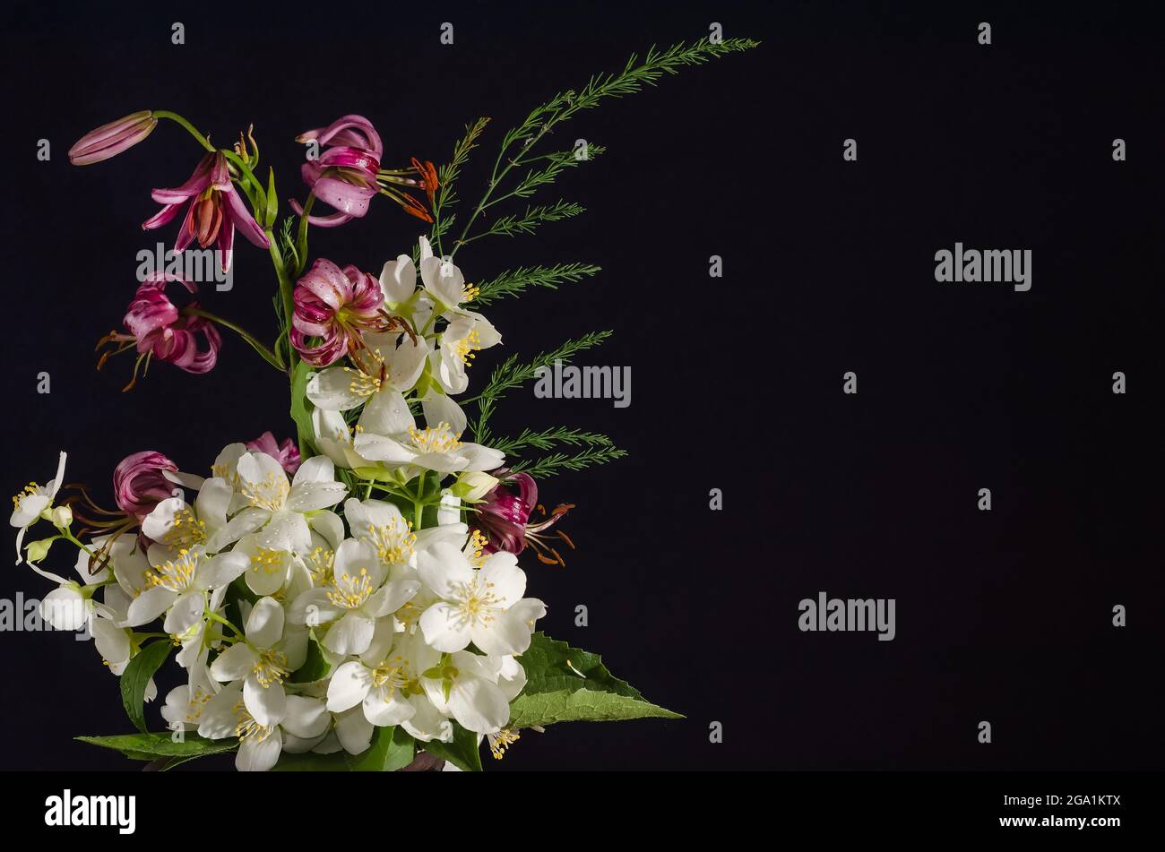 Bouquet di fiori di gelsomino con orchidea su sfondo nero, cartoncino con spazio per la copia Foto Stock