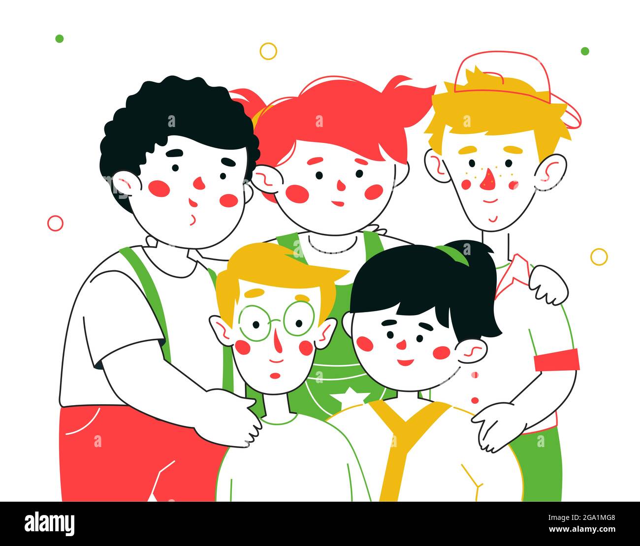Happy preschool bambini - colorful linea disegno stile illustrazione con cartoni animati caratteri. Allegro tre ragazzi, due ragazze, carino felici bambini in piedi t Illustrazione Vettoriale