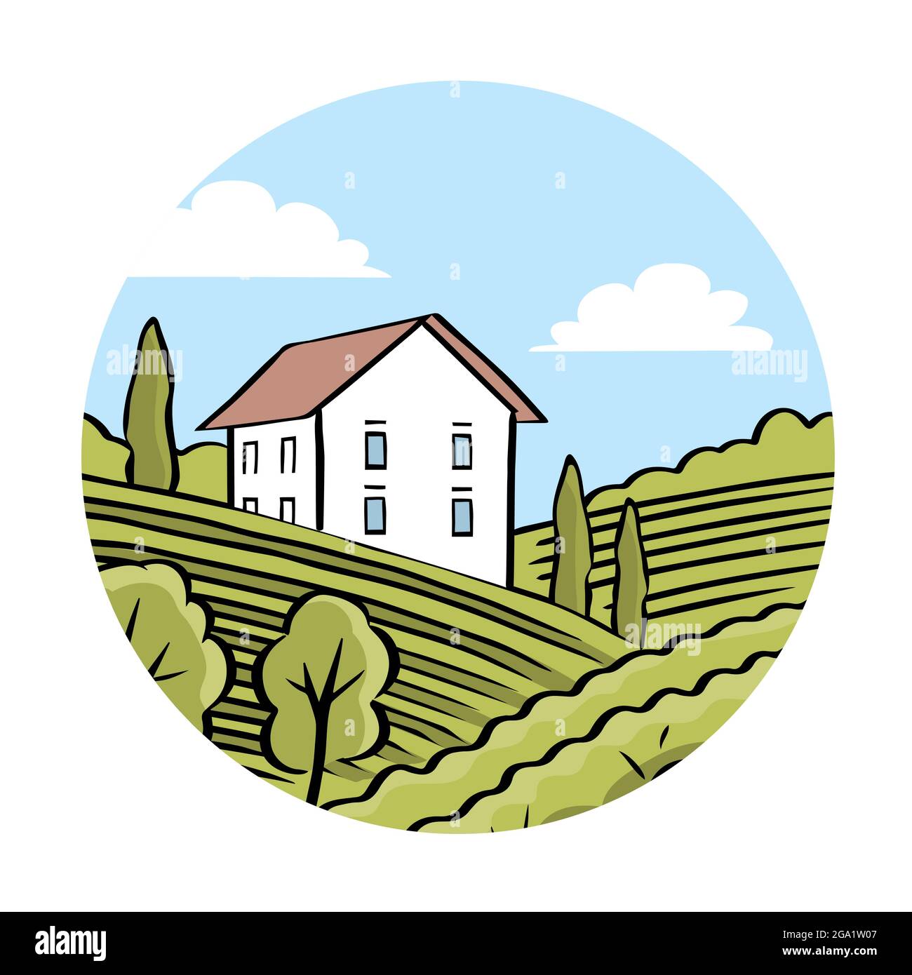 Campi e villa vigna. Paesaggio italiano. Etichetta del vino. Contorno dell'illustrazione vettoriale Illustrazione Vettoriale