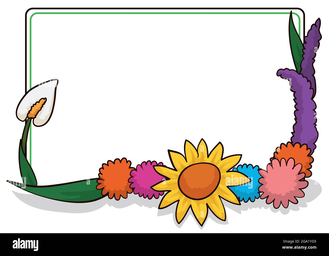 Sagoma vuota quadrata decorata con foglie e fiori: Anthuriums, pom, daisy e lavanda in stile cartoon, isolato su sfondo bianco Illustrazione Vettoriale