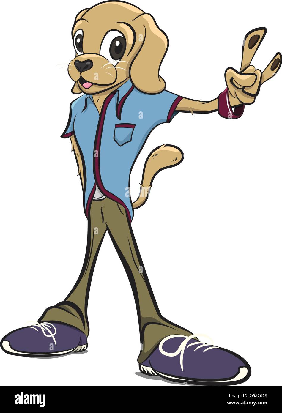 Animali antropomorfi. Corpo umano con testa cane che indossa abiti freschi. Personaggio Cool Dog che indossa una camicia blu e pantaloni marroni. K9 Antropomorfismo. An Illustrazione Vettoriale