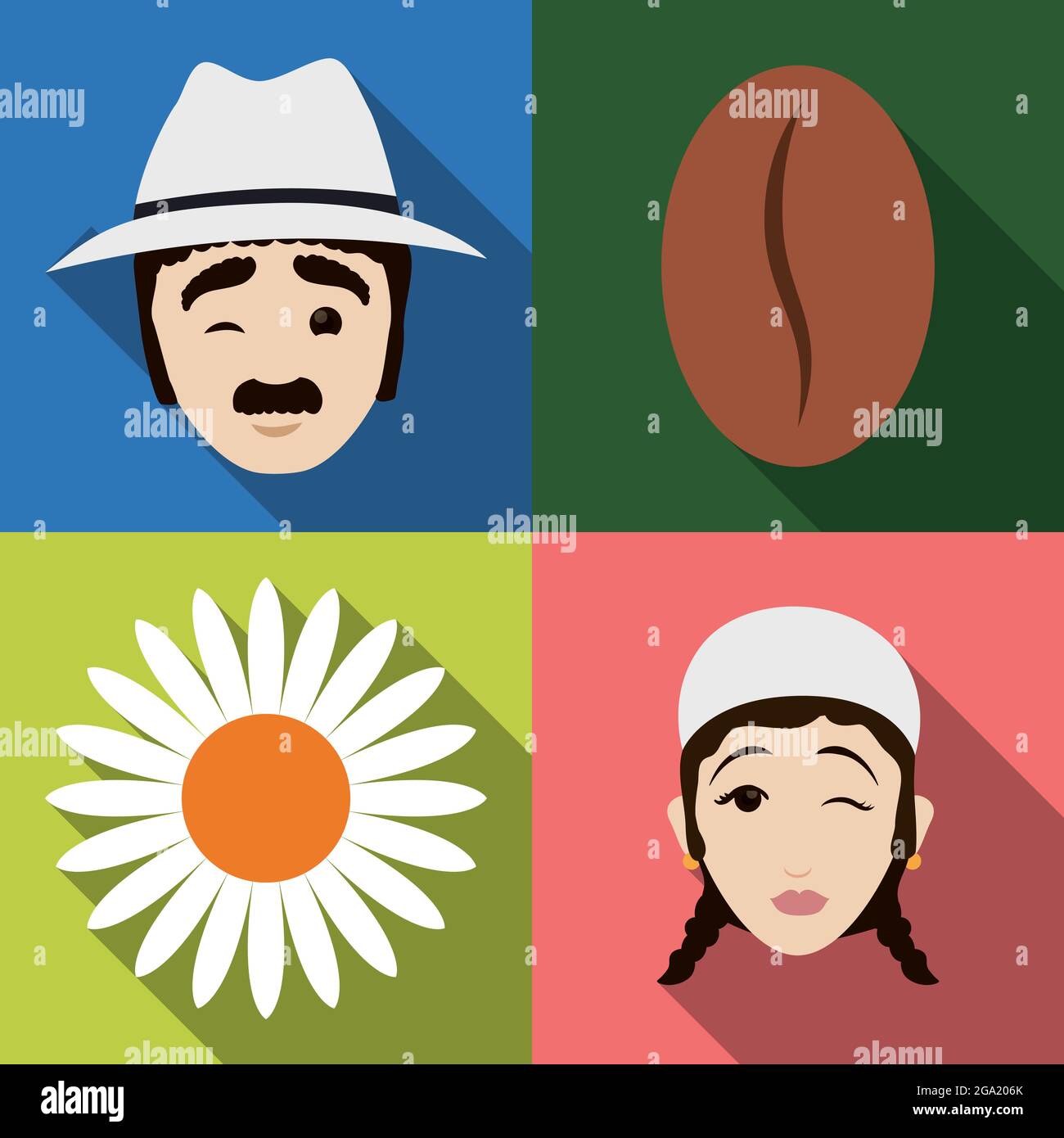 L'uomo e la donna si affrontano con l'inzellatura in un abbigliamento tradizionale paisa, grano di caffè e fiore che commemora il Festival dei Fiori. Design in stile piatto Illustrazione Vettoriale