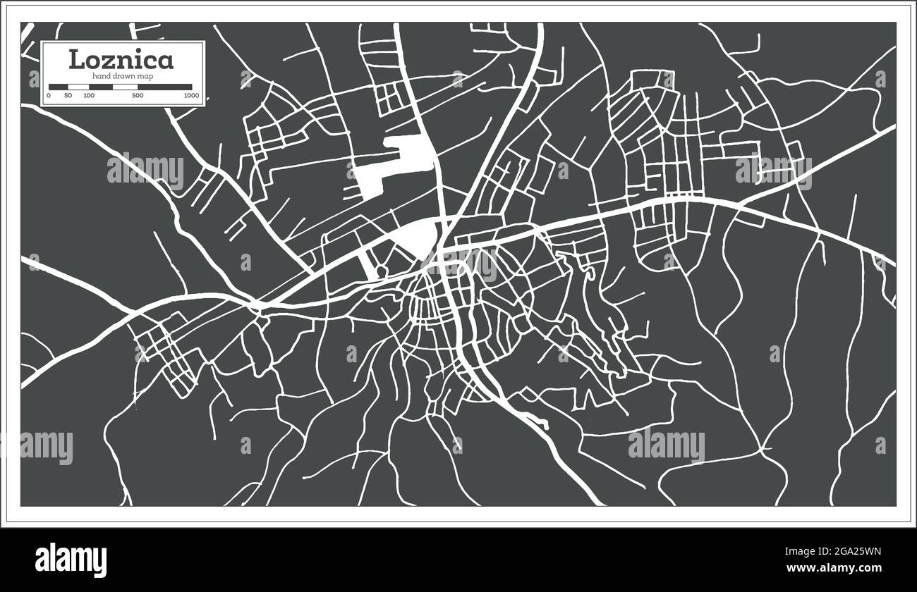 Mappa della città di Loznica Serbia in bianco e nero in stile retro. Mappa di contorno. Illustrazione vettoriale. Illustrazione Vettoriale
