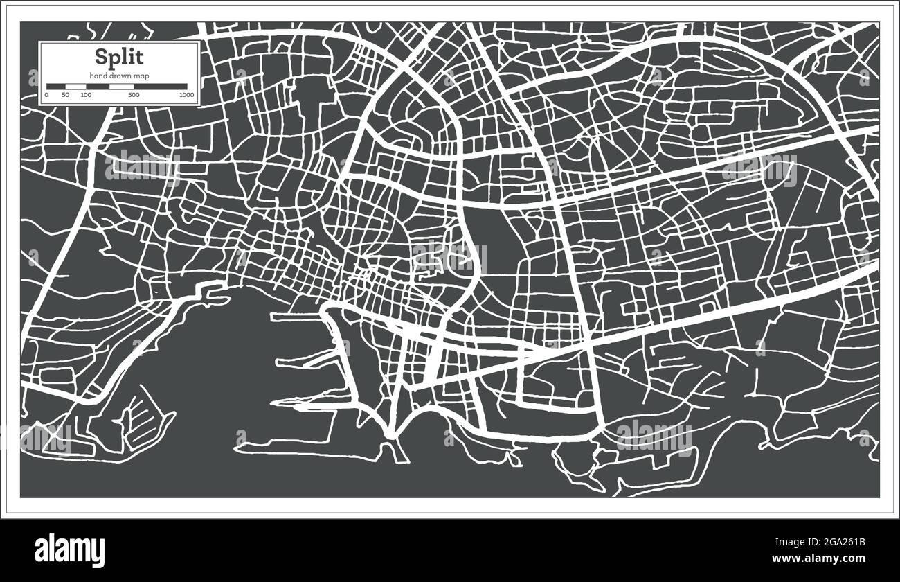 Split Croazia Mappa della città in bianco e nero in stile retro. Mappa di contorno. Illustrazione vettoriale. Illustrazione Vettoriale