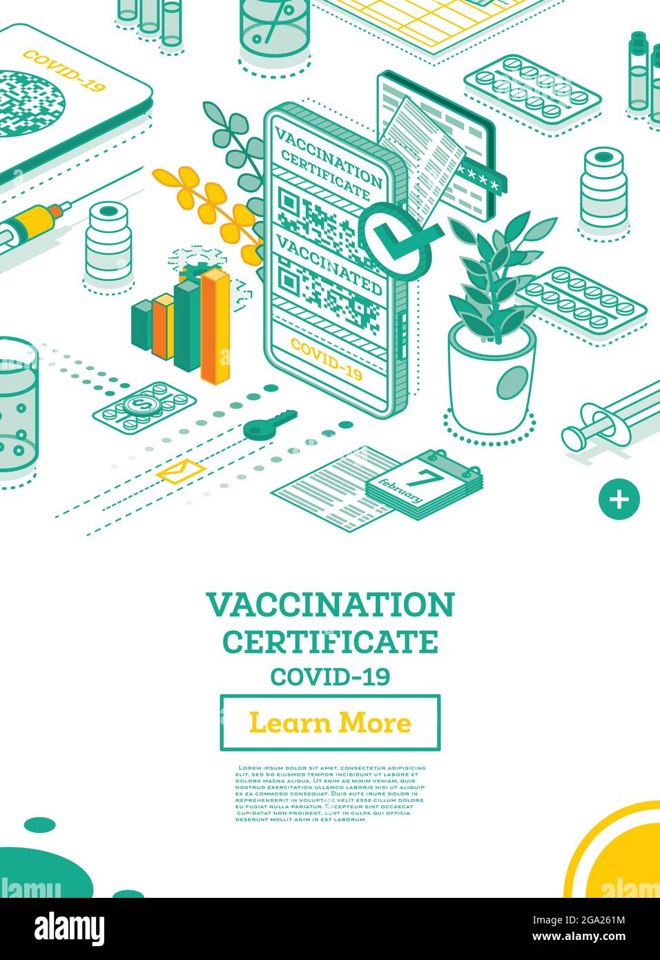 Certificato di vaccinazione sullo schermo dello smartphone. Certificato internazionale isometrico di immunizzazione. Illustrazione vettoriale. Health Passport con QR. Illustrazione Vettoriale