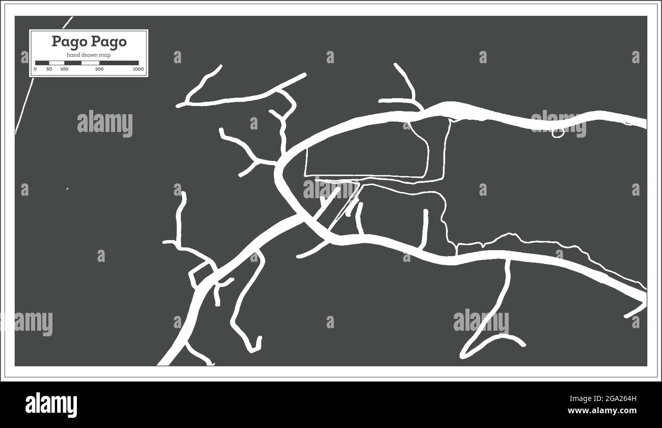 Mappa della città di Pago Pago American Samoa in bianco e nero in stile retro. Mappa di contorno. Illustrazione vettoriale. Illustrazione Vettoriale