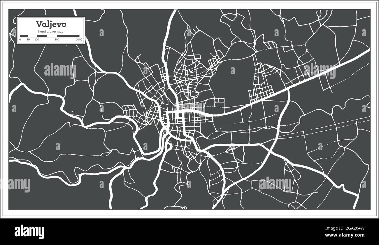 Mappa della città di Valjevo Serbia in bianco e nero in stile retro. Mappa di contorno. Illustrazione vettoriale. Illustrazione Vettoriale
