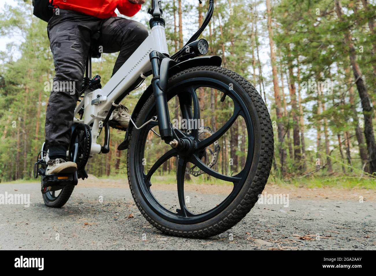 Un ciclista corre su una pista ciclabile nella foresta. A cavallo di una  bicicletta elettrica moderna. Moto alla moda con cerchi in lega. Un  ciclista corre contro Foto stock - Alamy