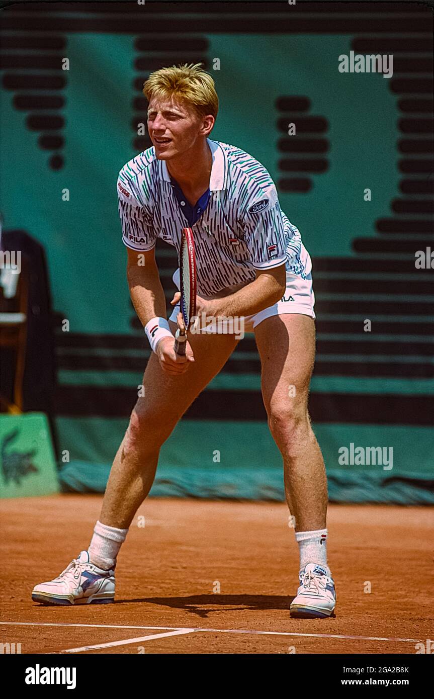Boris Becker (GER) in gara al French Open 1989. Foto Stock