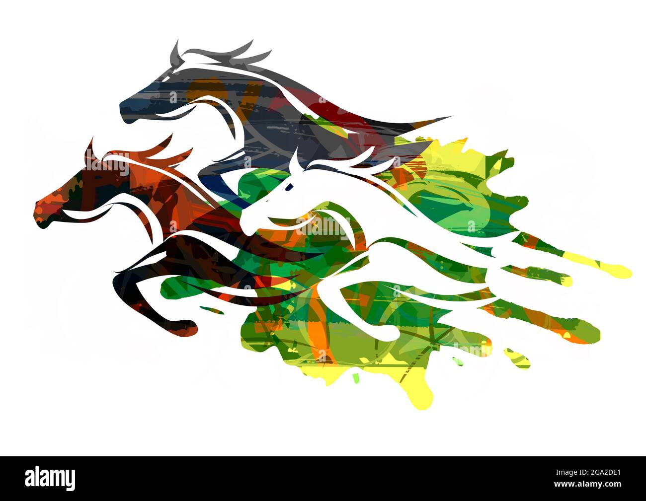 Tre cavalli da corsa. Illustrazione colorata ed espressiva di tre sagome a cavallo. Foto Stock