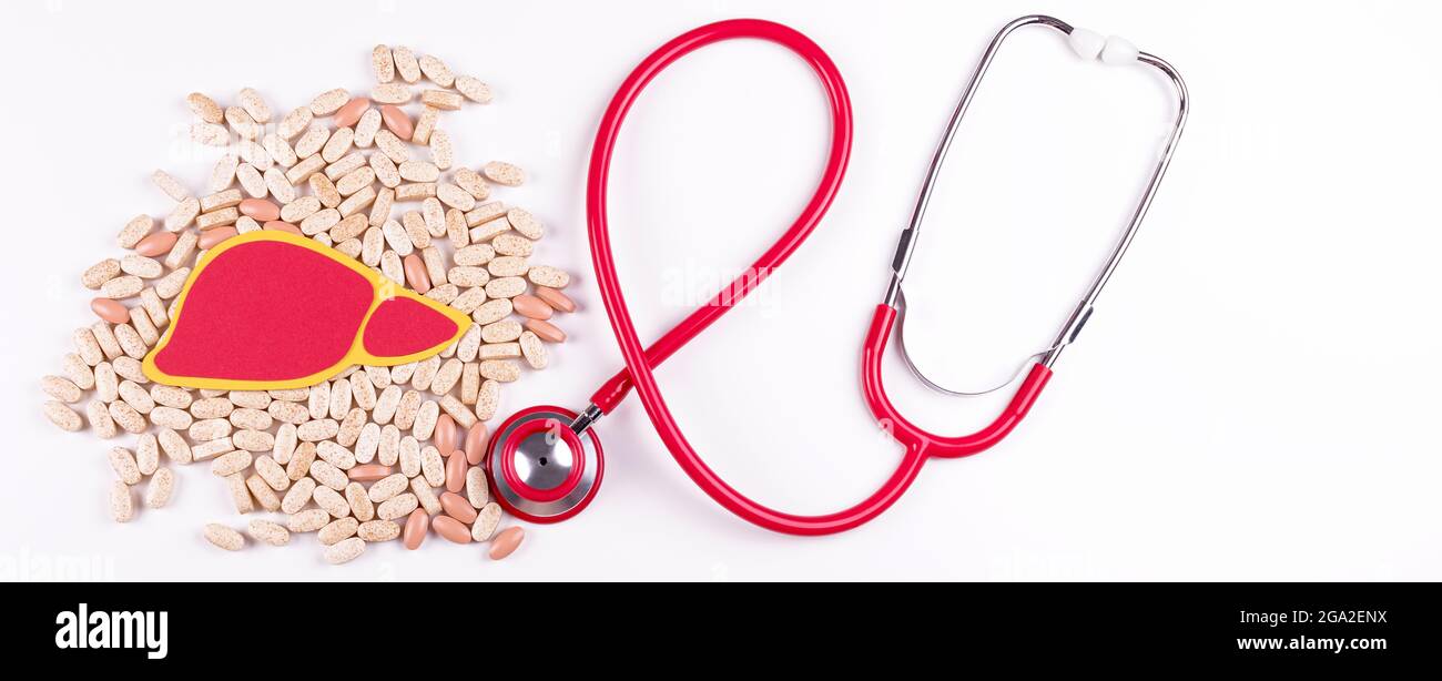 Giornata mondiale dell'epatite, 28 luglio. Medicina, salute, concetto di infezione. Banner. Disposizione piatta. Spazio di copia. Foto Stock