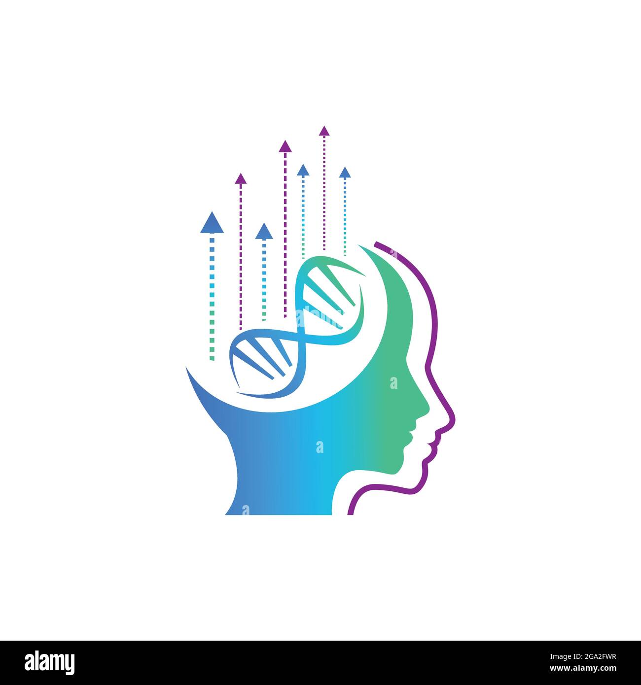 Immagine vettoriale del disegno del logo del cervello e del DNA della cognizione umana. Logo per aumentare la consapevolezza mentale e le prestazioni mentali Illustrazione Vettoriale