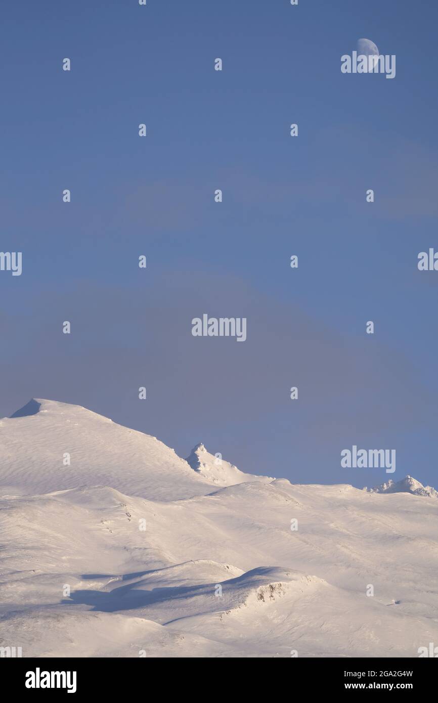 Paesaggio invernale da sogno con mezza luna visibile nel cielo blu in una giornata di sole, situato nel territorio tradizionale dello Champagne e Aishihi... Foto Stock