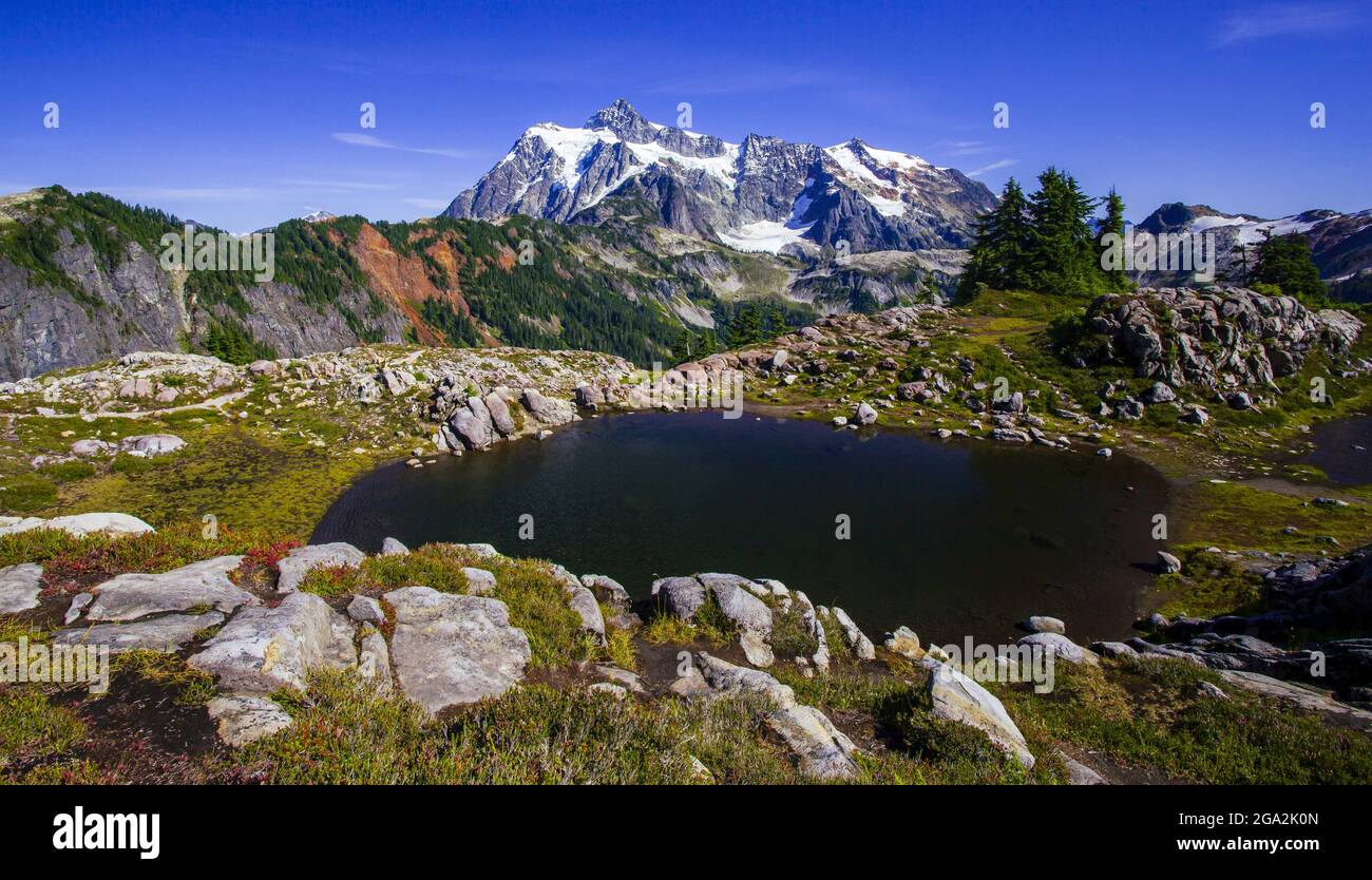 Mount Shuksan visto dalla Mount Baker National Recreation Area; Washington, Stati Uniti d'America Foto Stock