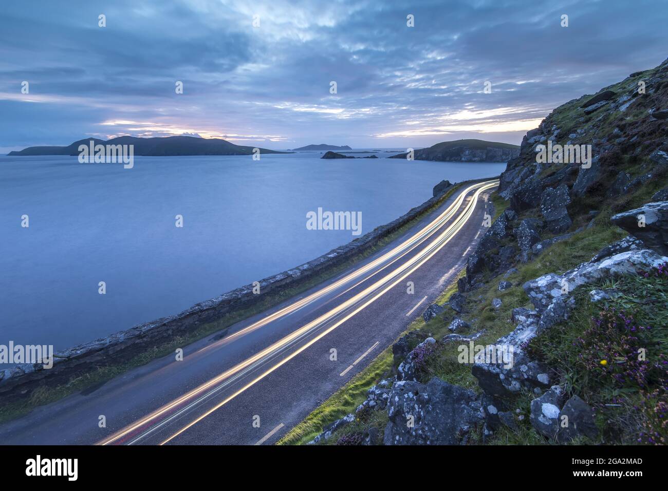 I fari di un'auto illuminano la strada stretta verso Slea Head sulla penisola di Dingle; County Kerry, Irlanda Foto Stock