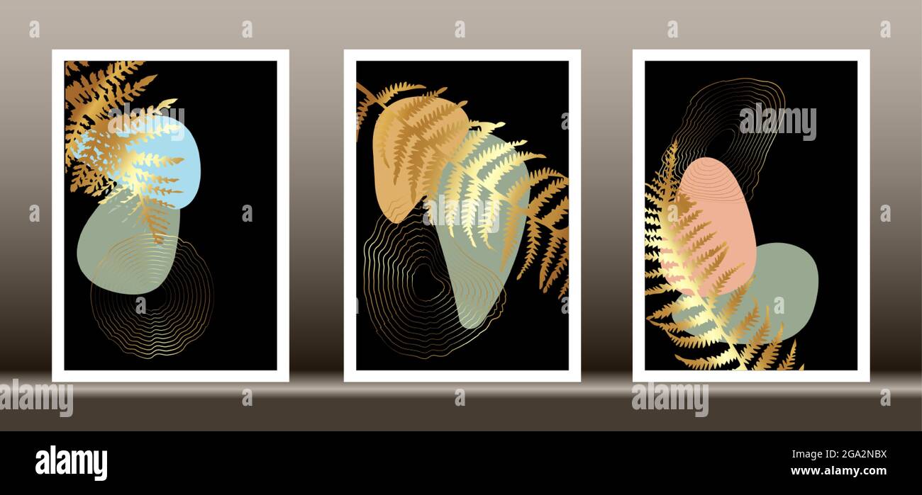 Insieme vettoriale per arte da parete botanica. Gold Tropical felino fogliame linea disegno d'arte con forma astratta, Abstract Plant Art disegno per pareti incorniciate stampe Illustrazione Vettoriale