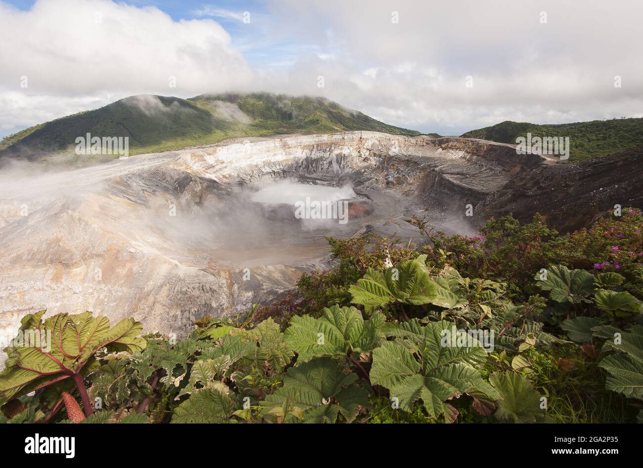 Vapori fumosi emessi dal cratere in cima al Vulcano Poas, uno stratovulcano attivo nel Parco Nazionale del Vulcano Poas Foto Stock