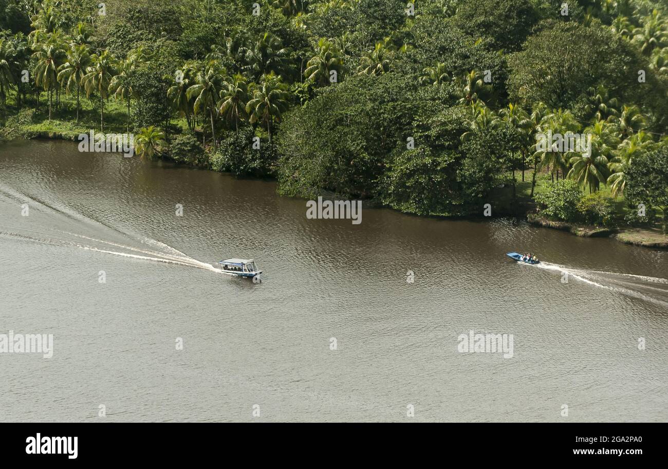 Barche che attraversano un fiume nella foresta pluviale di Tortuguero National Park; provincia di Limon, Costa Rica Foto Stock