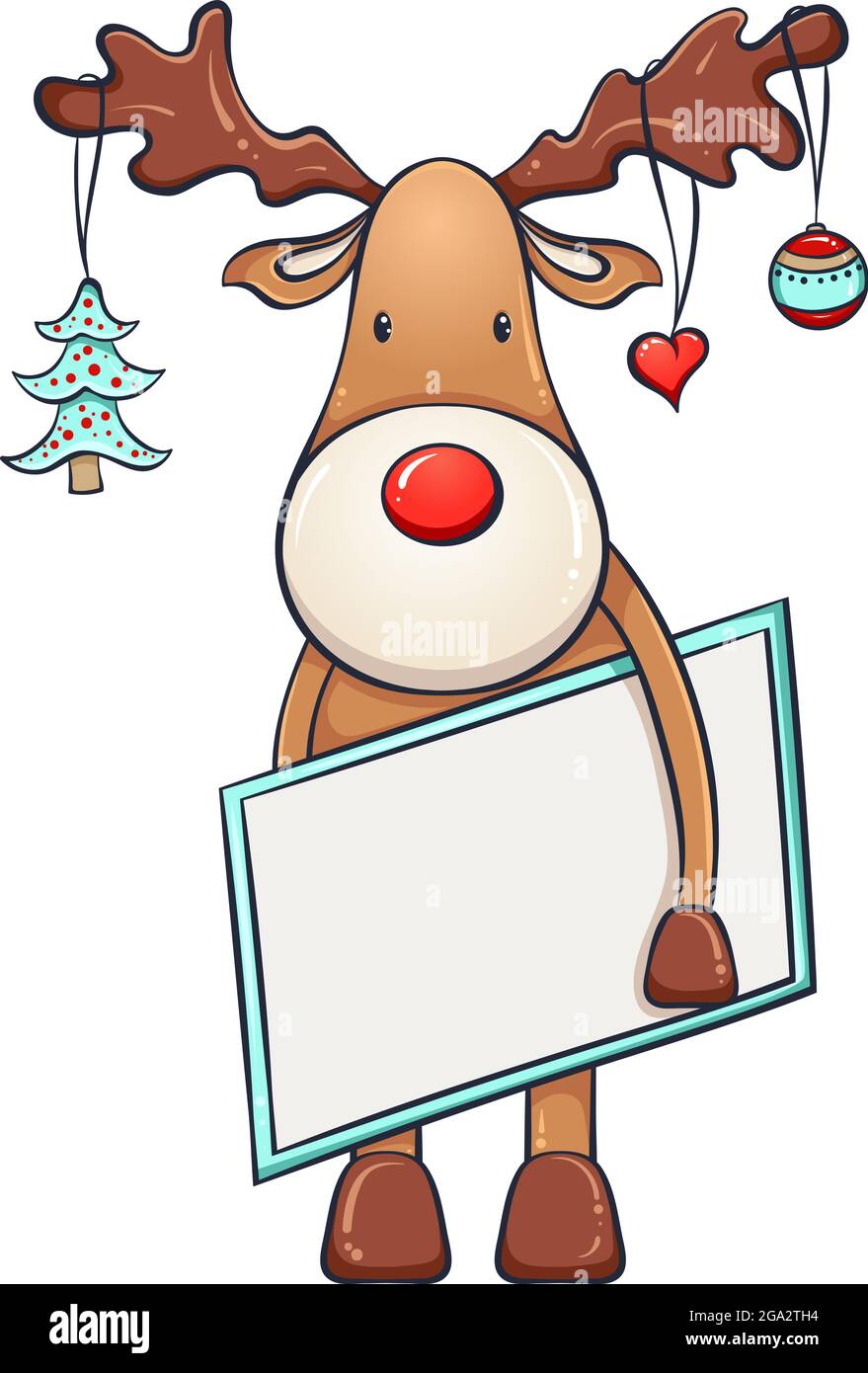 Carino cervo di Natale con cartolina e decorazioni Illustrazione Vettoriale