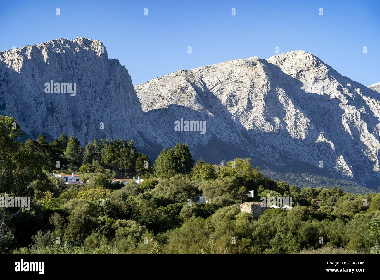 Montagne soleggiate e foresta con villa vicino su Gologone; Sardegna, Italia Foto Stock