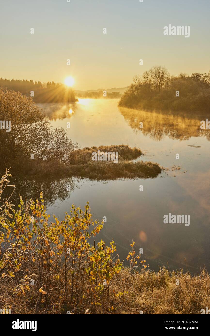 Alba in un lago artificiale a Rettenbach nella foresta bavarese; Baviera, Germania Foto Stock