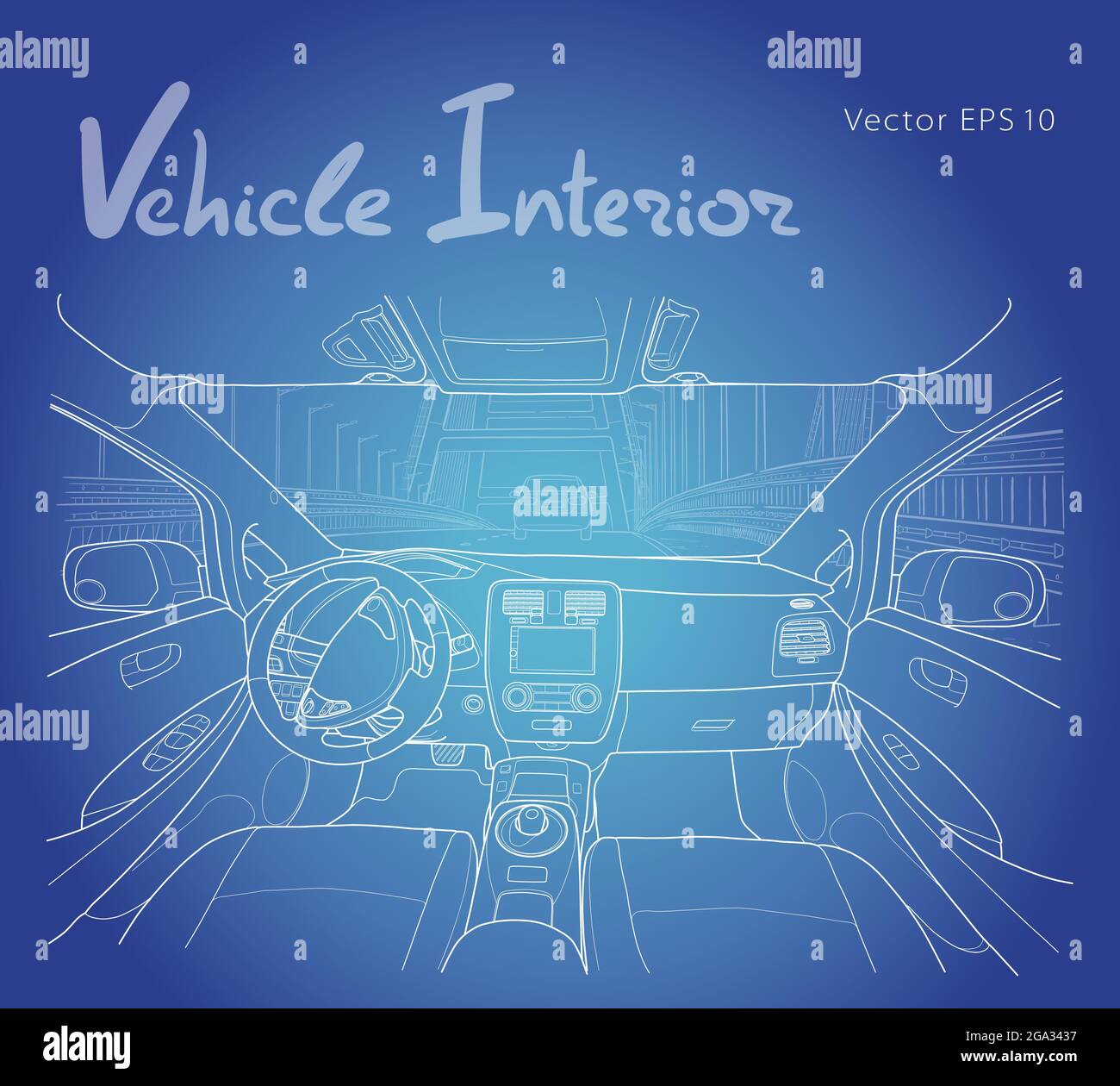 La macchina all'interno. L'interno dell'electromobile veicolo con trasmissione automatica. Illustrazione Vettoriale delle linee. Illustrazione Vettoriale