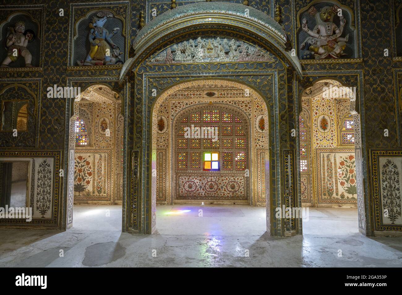Sala decorata del Chandra Mahal, Junagarh Fort; Bikaner, Rajasthan, India Foto Stock