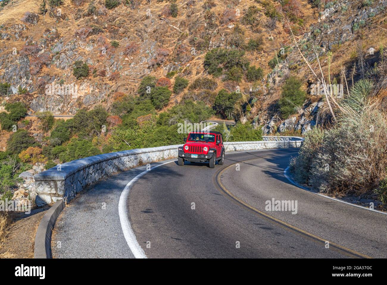 Auto sulla Generals Highway. Sequoia National Park, California, Stati Uniti. Foto Stock