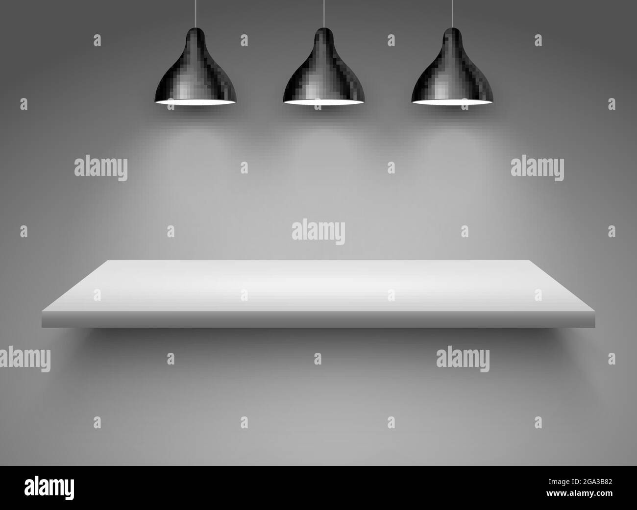 Scaffale Spotlight su parete sfondo disegno vettoriale. Luce galleria spot spazio vuoto scaffale pubblicitario lampada bianca Illustrazione Vettoriale