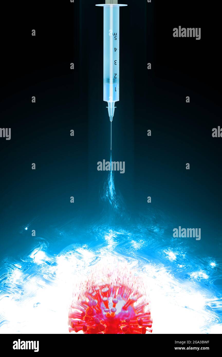 Grafica creativa di computer CG 3D illustrazione relativa alla pandemia di covid-19 raffigurante una cellula infettiva variante del virus corona distrutta da s. Foto Stock