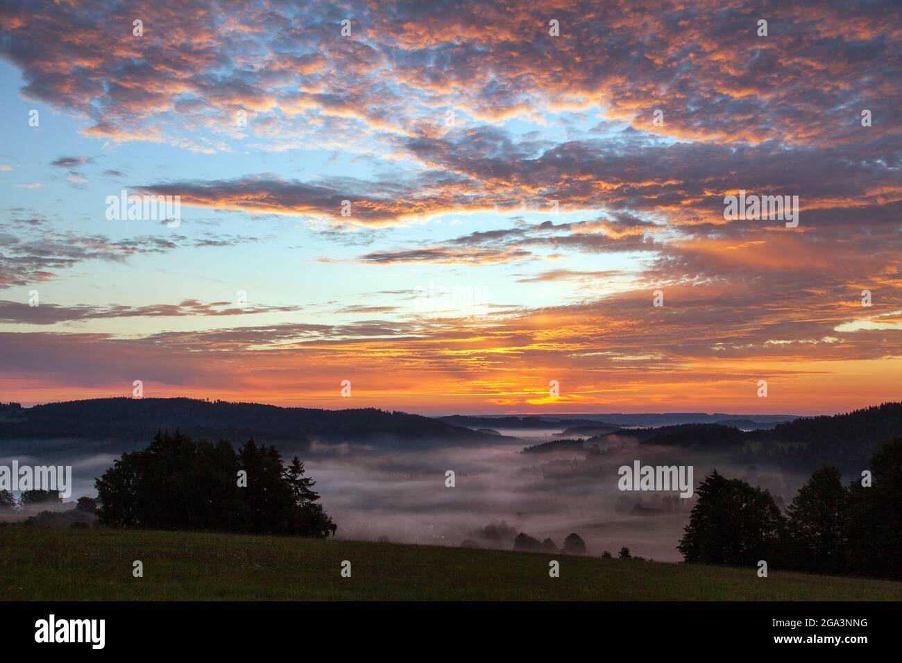 Mattina sera vista panoramica del tramonto del bellissimo cielo dalla Boemia E altopiano Moravo vicino al villaggio di Krasne Foto Stock