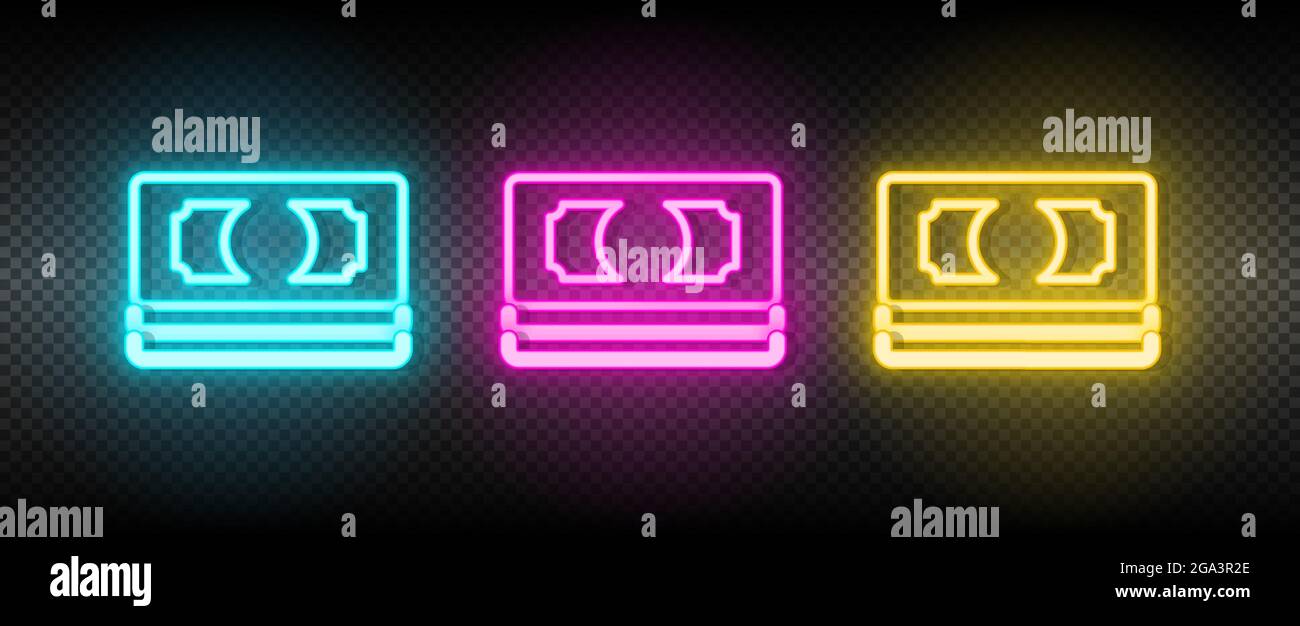 contanti, denaro, icona vettore al neon. Immagine insieme di icone al neon blu, giallo e rosso. Illustrazione Vettoriale