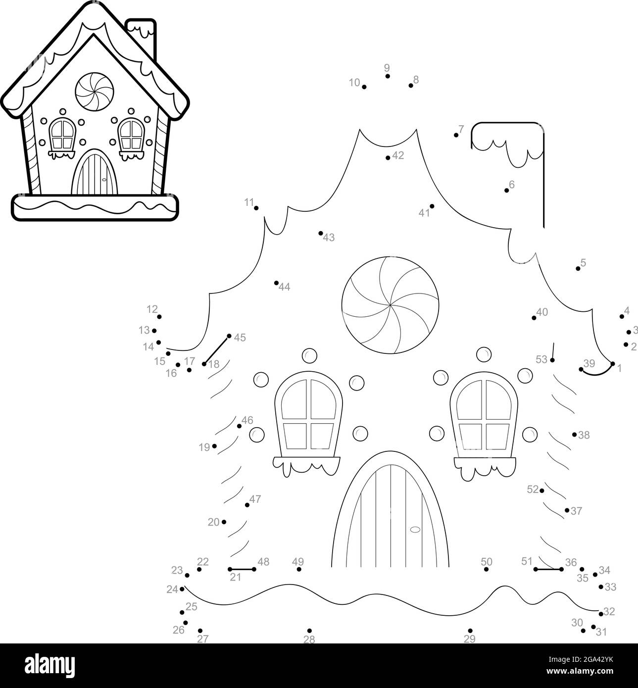 Puzzle di Natale da punto a punto per i bambini. Gioco Connect Dots. Illustrazione vettoriale della casa di pan di zenzero Illustrazione Vettoriale