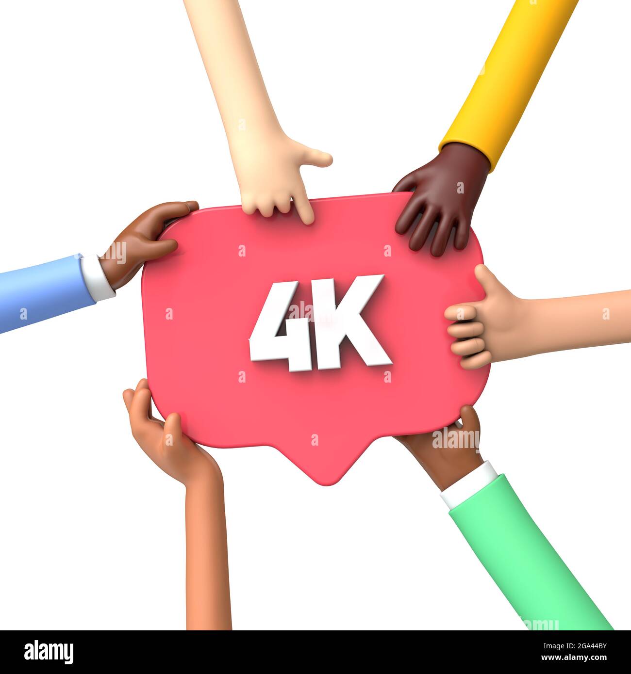 Mani che tengono un'etichetta banner dei social media 4k. Rendering 3D Foto Stock