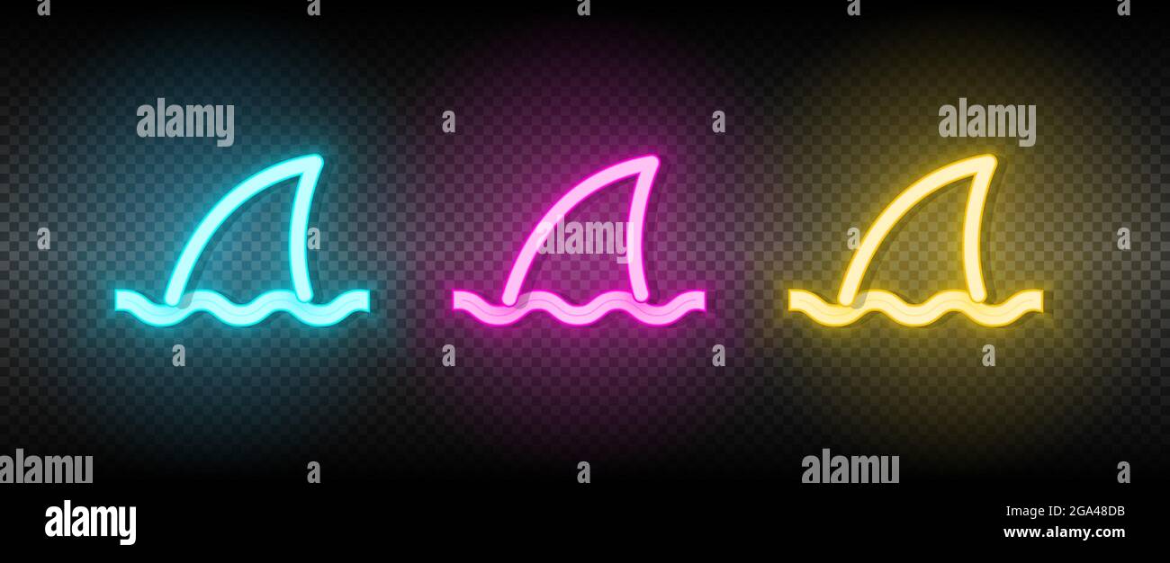 icona vettore di mare, squalo, neon business. Immagine insieme di icone al neon blu, giallo e rosso. Illustrazione Vettoriale