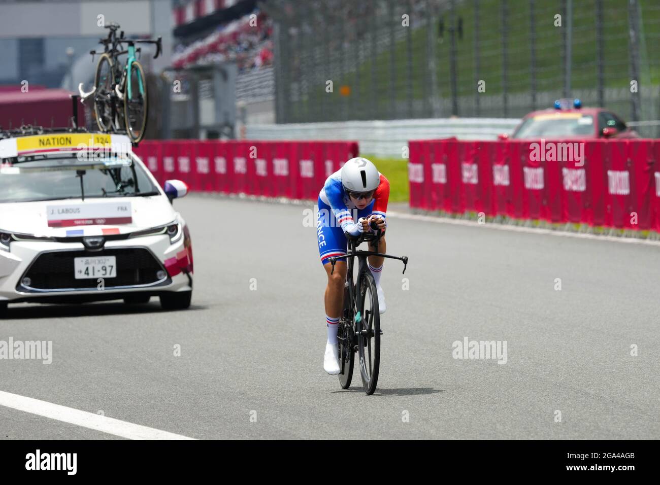 Shizuoka, Giappone. 28 luglio 2021. Juliette Labous (fra) Cycling : Trial individuale delle Donne durante i Giochi Olimpici di Tokyo 2020 al Fuji International Speedway a Shizuoka, Giappone . Credit: Shutaro Mochizuki/AFLO/Alamy Live News Foto Stock