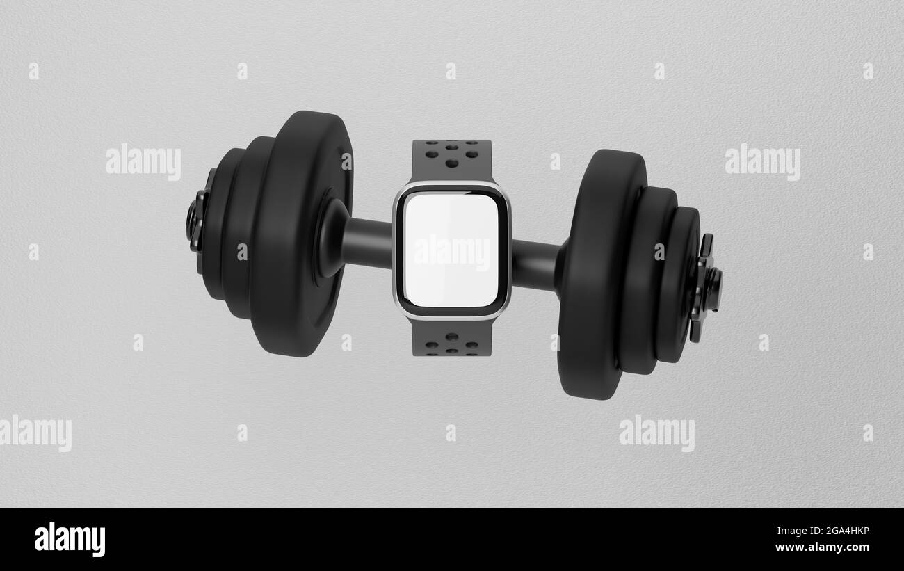 Concetto di gadget fitness, smartwatch nero con manubri neri, mock-up smartwatch, rendering 3d, illustrazione 3d Foto Stock