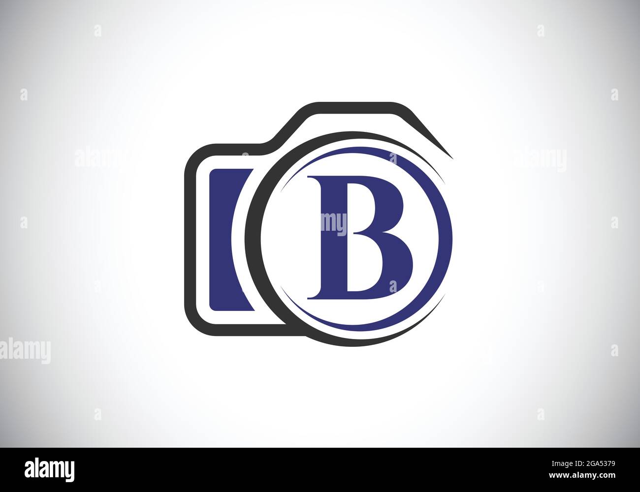 Lettera iniziale del monogramma B con l'icona di una telecamera. Immagine vettoriale del logo fotografico. Design moderno del logo per il settore della fotografia e l'azienda Illustrazione Vettoriale
